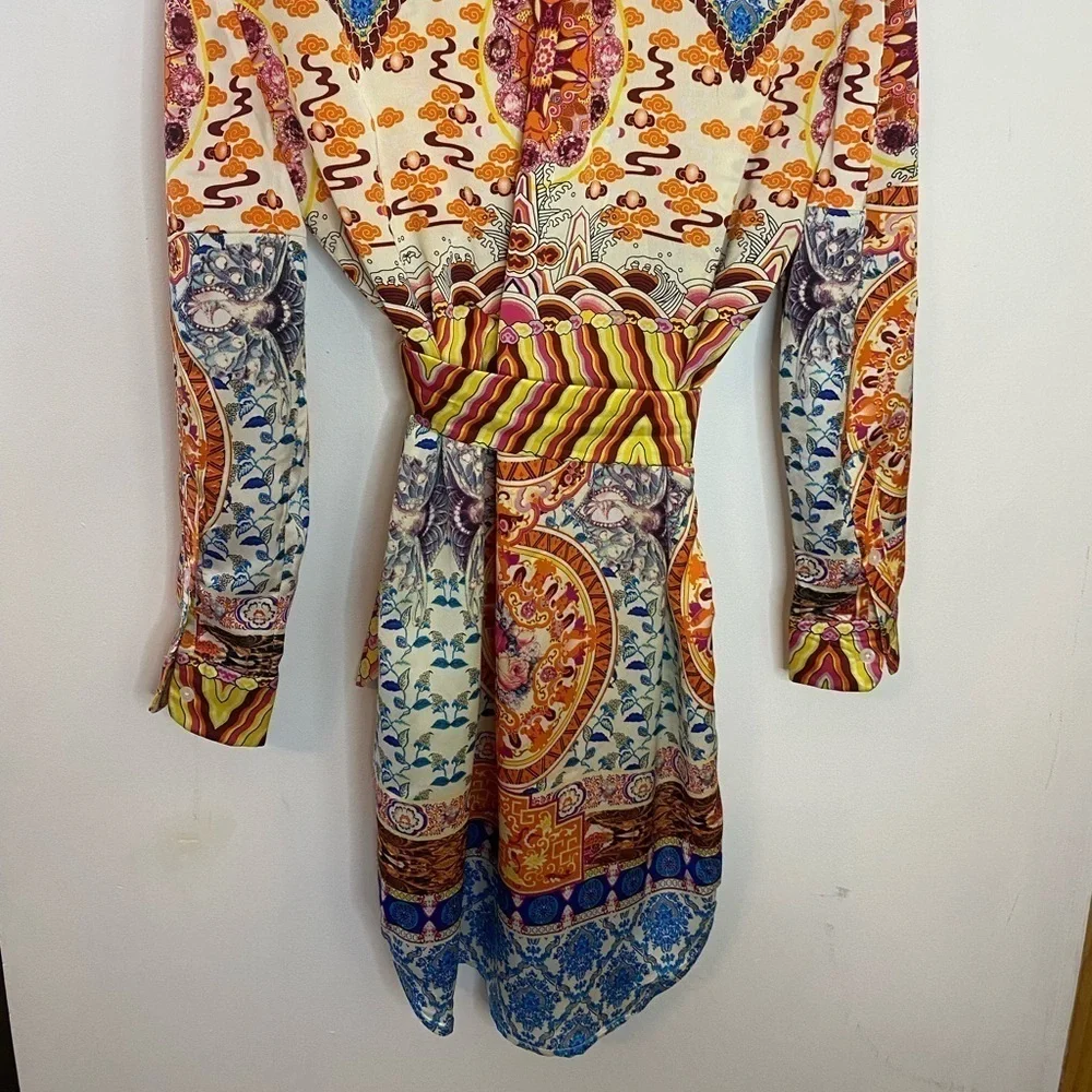 KAS Designs Multicolor Abstract Print Tie Waist Satin Shirt Dress - Picture 5 of 6